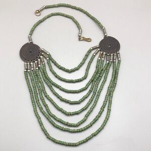 Vintage artisan green wood bead and spiral brass accents layered necklace boho.